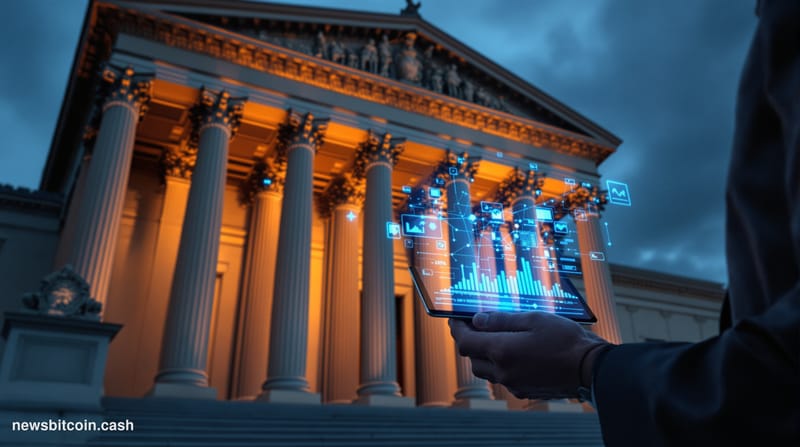 A cinematic photorealistic editorial photograph capturing the contrast between traditional finance and crypto innovation. The