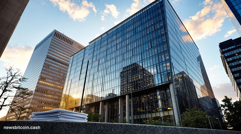 A cinematic photorealistic editorial photograph showing the imposing glass facade of the SEC headquarters building in Washing