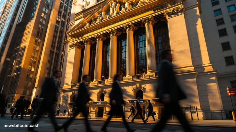 A dramatic photorealistic editorial photograph of the New York Stock Exchange building exterior on Wall Street at golden hour