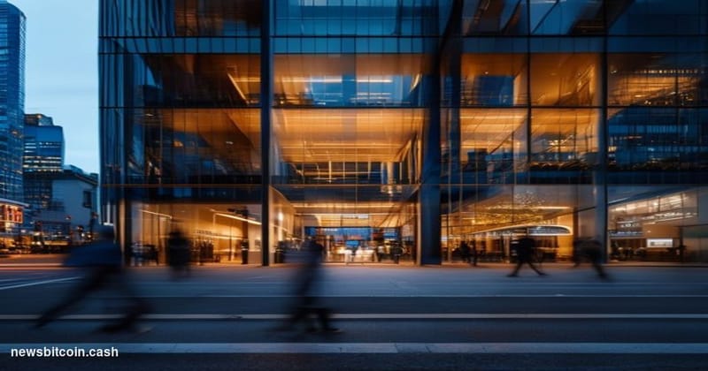 A cinematic photorealistic editorial photograph showing the illuminated facade of Elliptic's London headquarters at dusk, wit