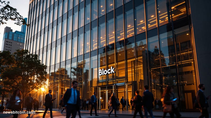 A cinematic photorealistic editorial photograph of Block Inc's distinctive glass headquarters building in San Francisco's Sou