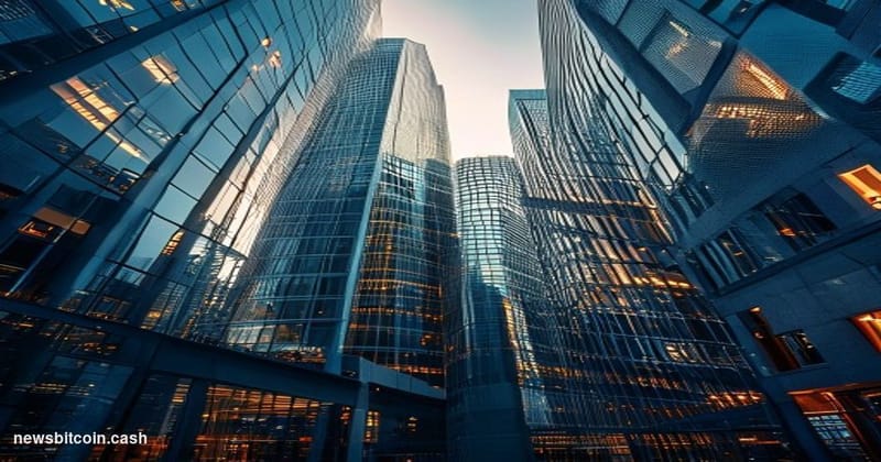A cinematic photorealistic editorial photograph showing the modern glass facades of major financial institutions in downtown 
