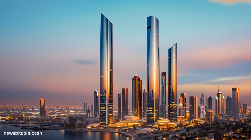 A cinematic photorealistic editorial photograph of the Abu Dhabi Global Market financial district skyline at golden hour, fea