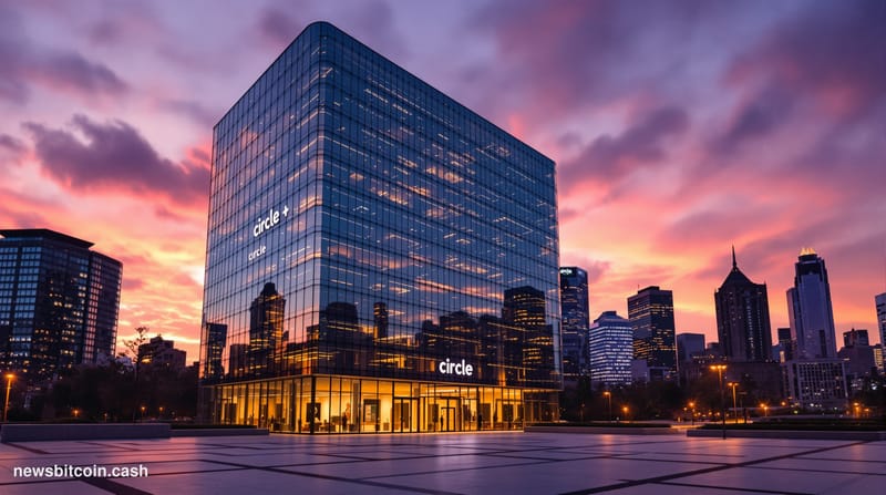 A cinematic photorealistic editorial photograph showing a modern financial district at dusk with Circle's corporate headquart