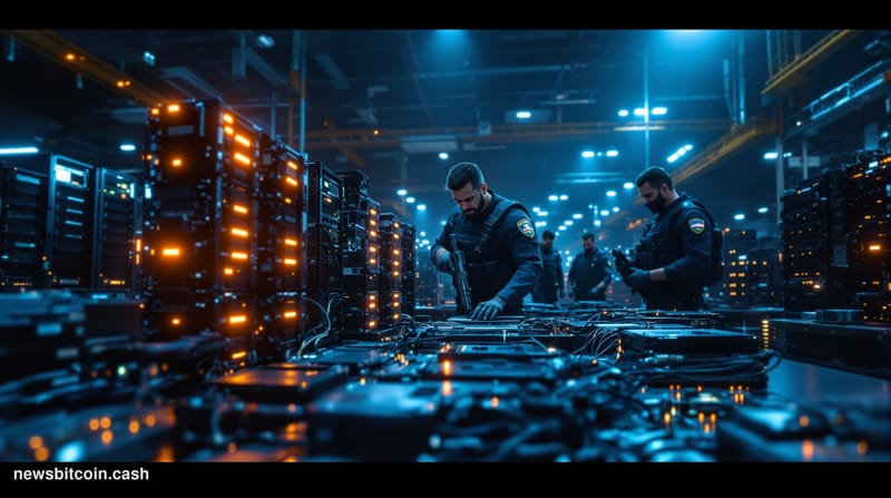 A dramatic photorealistic editorial photograph of Brazilian federal police officers in tactical gear conducting a raid on a l