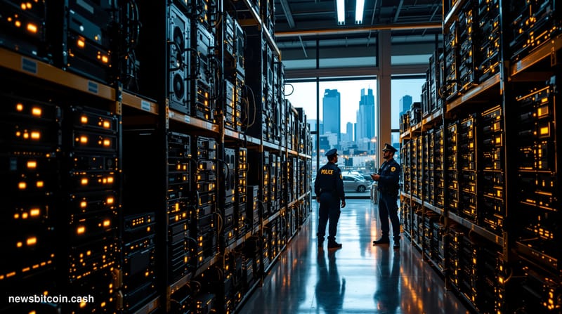 A dramatic photorealistic editorial photograph showing rows of confiscated Bitcoin mining rigs in a Brazilian police warehous