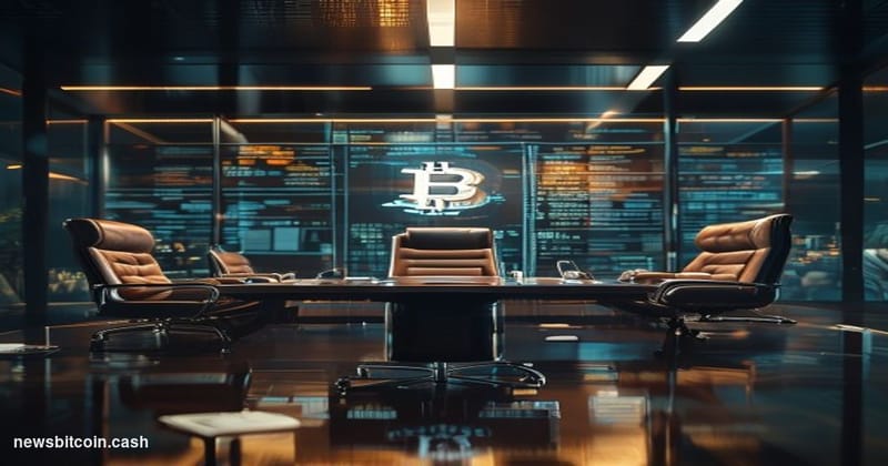 A cinematic photorealistic editorial photograph of a modern corporate boardroom with three empty executive chairs positioned 