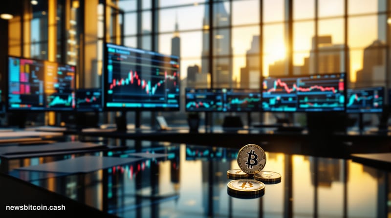 Cinematic photorealistic editorial photograph of a modern glass trading floor with multiple Bloomberg terminals displaying re