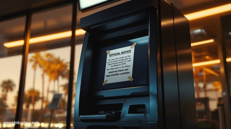 A cinematic photorealistic editorial photograph showing a darkened Bitcoin ATM kiosk with an official California state regula