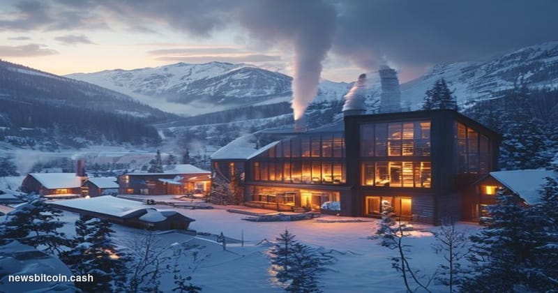 A cinematic photorealistic editorial photograph showing a modern Nordic district heating facility in winter, with sleek indus