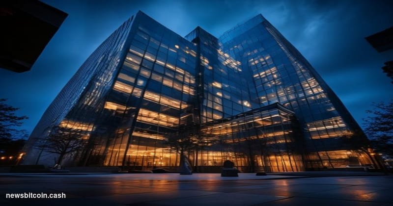 A cinematic photorealistic editorial photograph of a modern European corporate headquarters building at dusk, shot with a wid