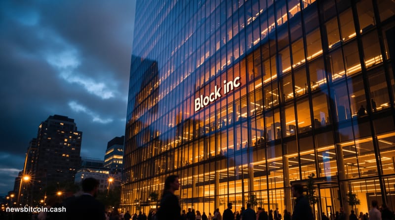 A cinematic photorealistic editorial photograph showing Block Inc's San Francisco headquarters building at dusk, with the mod
