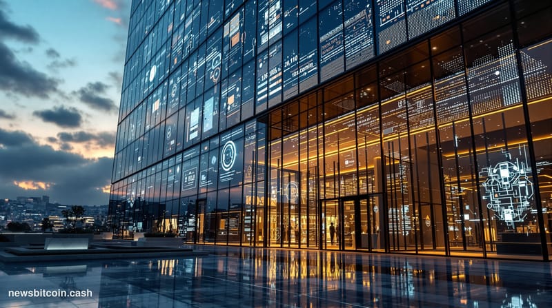 A cinematic photorealistic editorial photograph showcasing the convergence of artificial intelligence and traditional banking