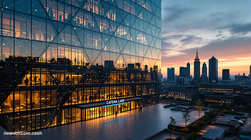 A cinematic photorealistic editorial photograph of a modern fintech headquarters building at dusk, shot from a low angle to e