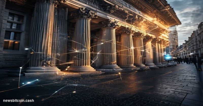 A cinematic photorealistic editorial photograph of the Bank of England's iconic neoclassical facade on Threadneedle Street in