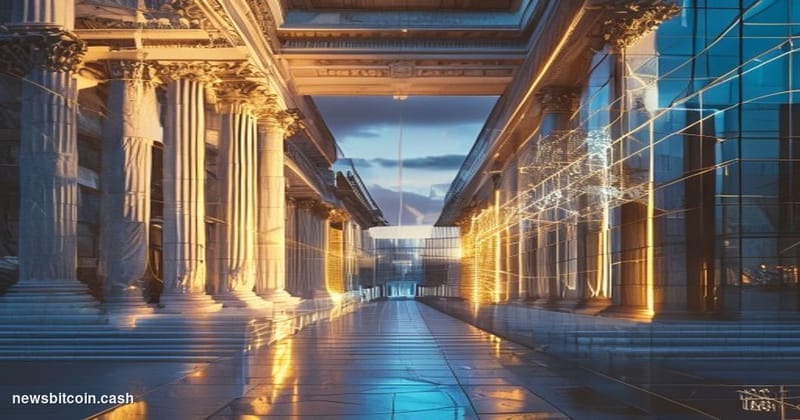 A cinematic photorealistic editorial photograph showing the iconic neoclassical facade of the Federal Reserve building in Was
