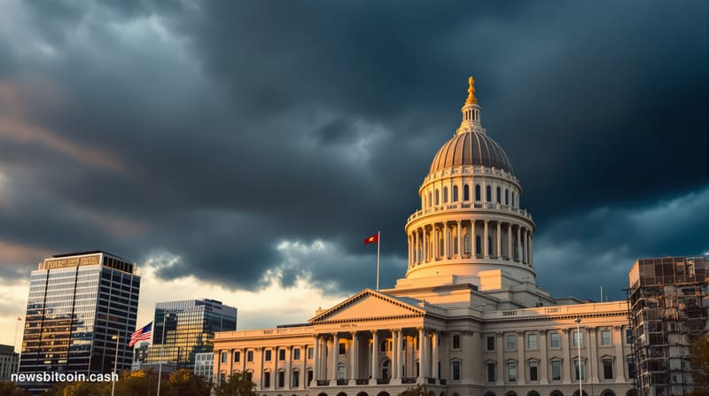 A dramatic cinematic photograph of the imposing Minnesota State Capitol building in Saint Paul, its distinctive white dome an