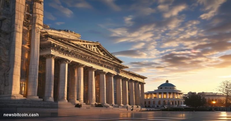 Cinematic photorealistic editorial photograph of the CFTC headquarters building in Washington D.C., shot from a low angle per