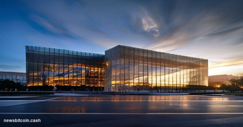 A cinematic photorealistic editorial photograph of the Commodity Futures Trading Commission headquarters building in Washingt