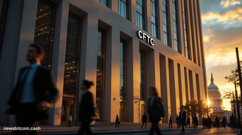 A cinematic photorealistic editorial photograph of the CFTC headquarters building in Washington D.C., shot from a low angle d
