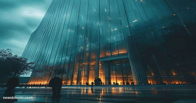 A cinematic photorealistic editorial photograph showing the imposing glass and steel facade of the CFTC headquarters building