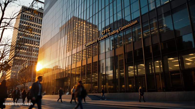 Cinematic photorealistic editorial photograph of the CFTC headquarters building in Washington D.C., a modern glass and steel 