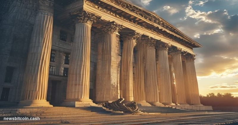 A cinematic photorealistic editorial photograph showing the imposing neo-classical facade of the CFTC headquarters building i