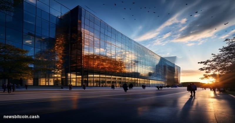 A cinematic photorealistic editorial photograph of the CFTC headquarters building in Washington D.C., shot from a low angle d