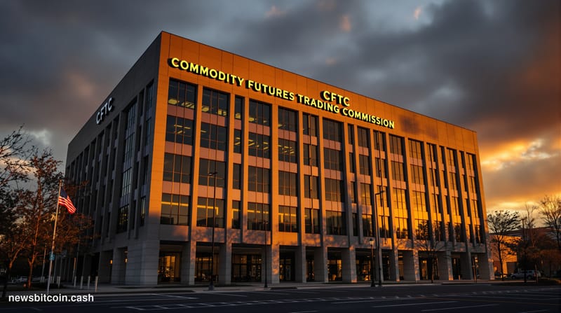 A cinematic photorealistic editorial photograph of the Commodity Futures Trading Commission headquarters building in Washingt