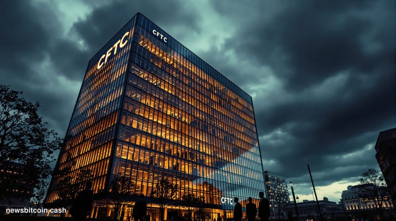 A cinematic photorealistic editorial photograph of the CFTC headquarters building in Washington D.C., shot from a low angle t