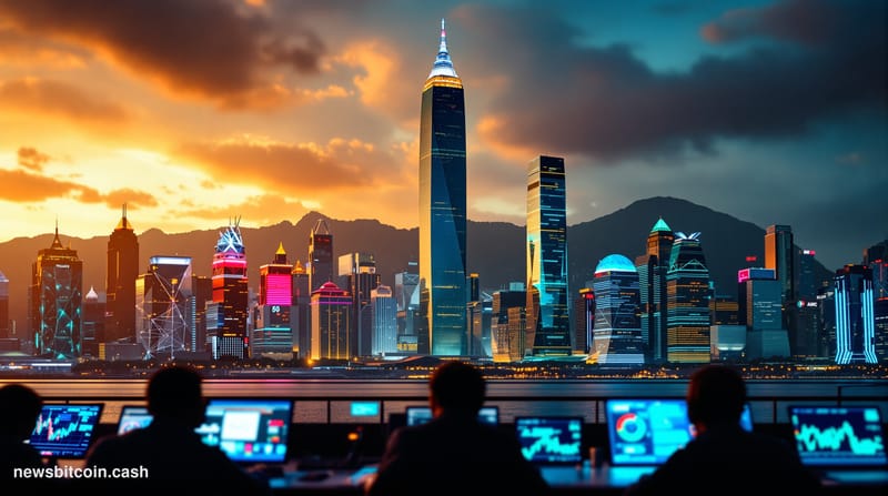 A cinematic photorealistic editorial photograph showing the Hong Kong skyline at dusk with the iconic International Finance C
