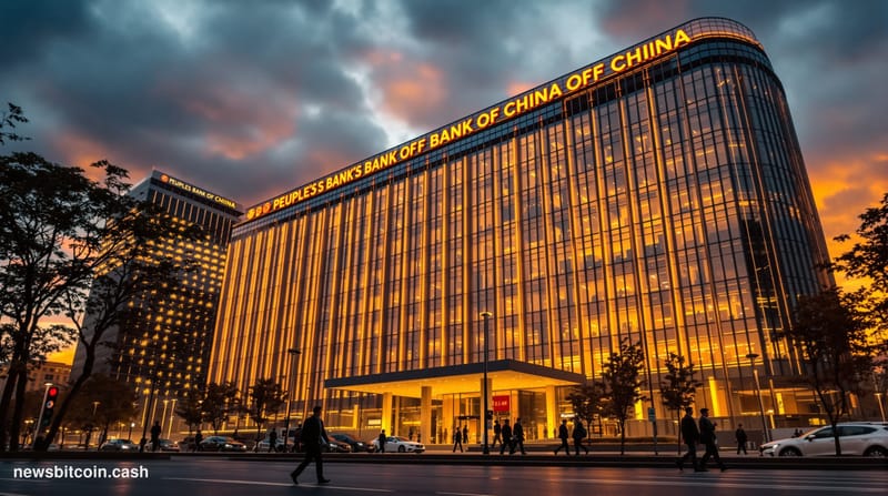 A cinematic photorealistic editorial photograph of the People's Bank of China headquarters building in Beijing, shot during g