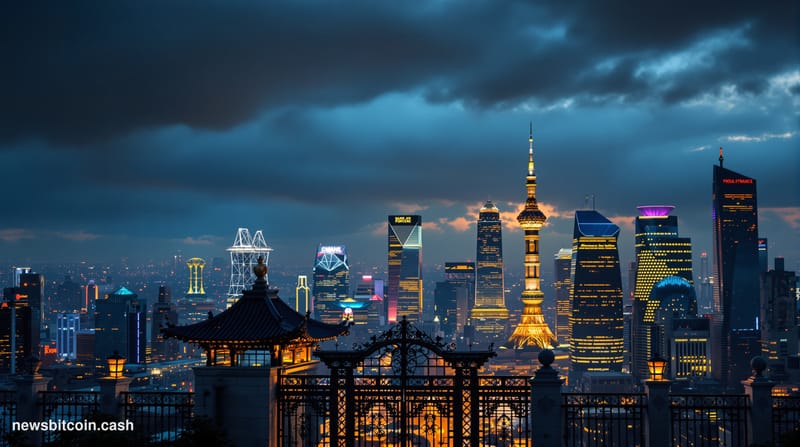 A cinematic photorealistic editorial photograph capturing the tension between China's financial district and global connectiv