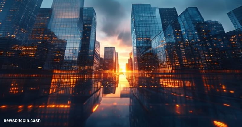 A cinematic photorealistic editorial photograph of Beijing's Financial Street district at dusk, with the iconic China Banking