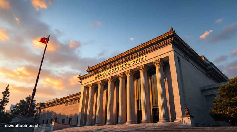 A cinematic photorealistic editorial photograph of China's Supreme People's Court building in Beijing, captured during golden