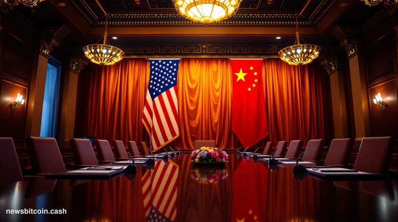 A cinematic photorealistic editorial photograph showing a dramatic bilateral meeting setup with Chinese and American flags po