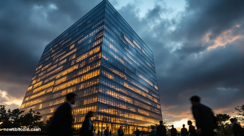 A cinematic photorealistic editorial photograph of the People's Bank of China headquarters in Beijing at dusk, shot from a lo