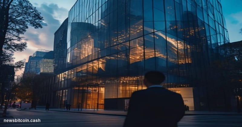 A cinematic photorealistic editorial photograph showing the exterior of Circle's headquarters building in Boston's Financial 