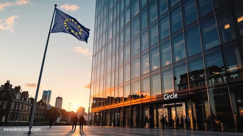 A cinematic photorealistic editorial photograph of Circle's headquarters building in Dublin, Ireland, shot during golden hour