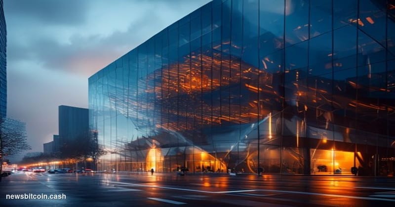 A cinematic photorealistic editorial photograph of Circle's Boston headquarters building exterior at dusk, with dramatic mood