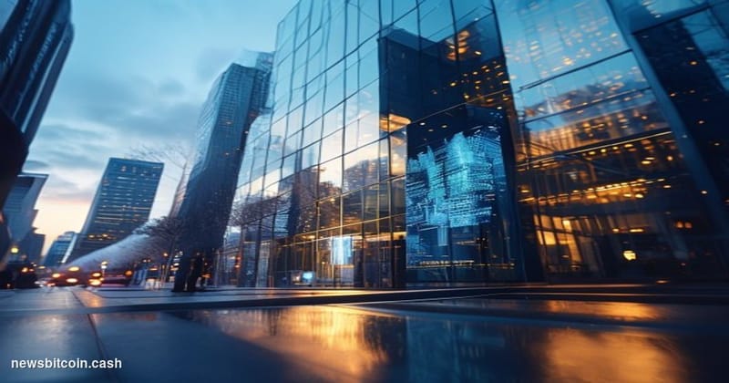 A cinematic photorealistic editorial photograph of Circle's headquarters in Boston's Financial District, captured from a low 