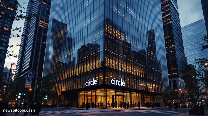 A cinematic photorealistic editorial photograph showing Circle's Boston headquarters building from a low angle, with dramatic
