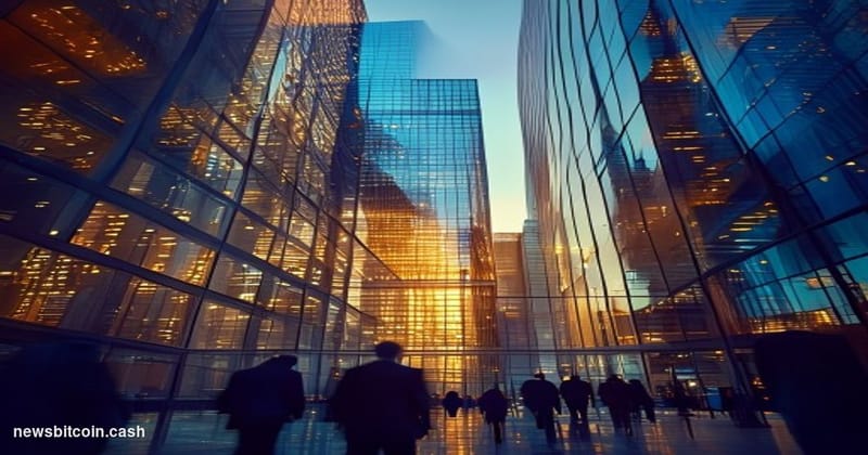 Cinematic photorealistic editorial photograph showing the imposing glass facades of major financial district buildings repres