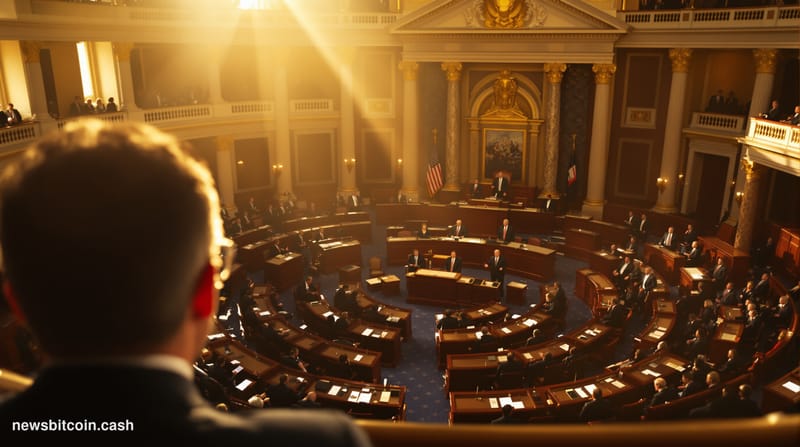 A dramatic cinematic photograph of the United States Senate chamber interior during a heated session, shot from an elevated g