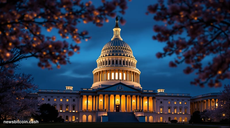 A cinematic photorealistic editorial photograph of the United States Capitol building at dusk, shot from the west lawn with d
