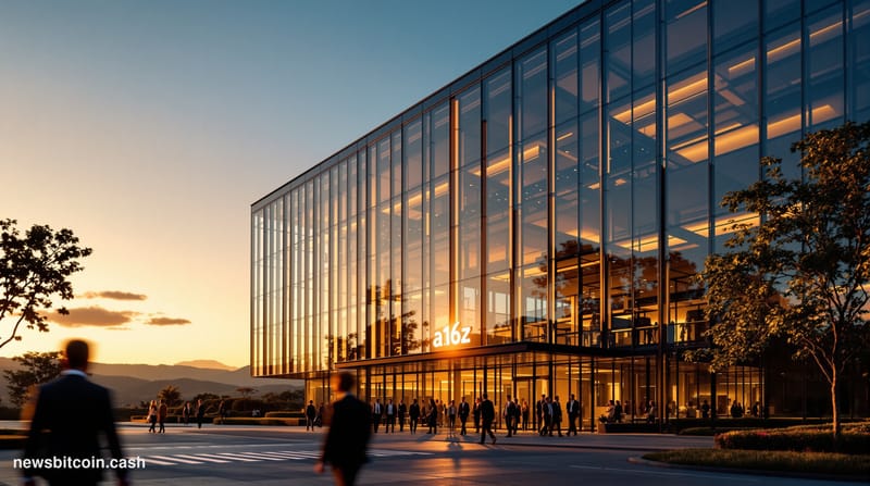 A cinematic photorealistic editorial photograph of the distinctive Andreessen Horowitz headquarters in Menlo Park, California