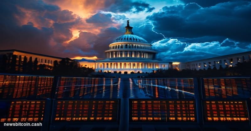 A cinematic photorealistic editorial photograph showing the U.S. Capitol building at dusk with dramatic storm clouds overhead