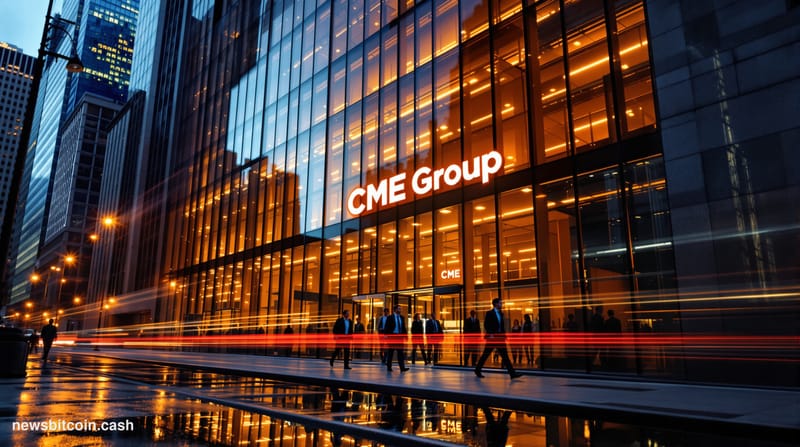 A cinematic photorealistic editorial photograph of the Chicago Mercantile Exchange building exterior during golden hour, with