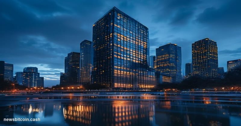 Cinematic photorealistic editorial photograph of the CME Group headquarters building in Chicago at twilight, shot from a low 