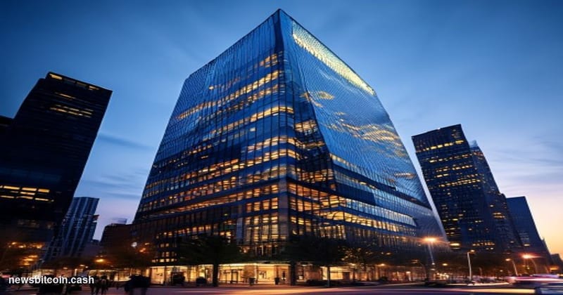A cinematic photorealistic editorial photograph of the CME Group headquarters building in Chicago at dusk, with its distincti